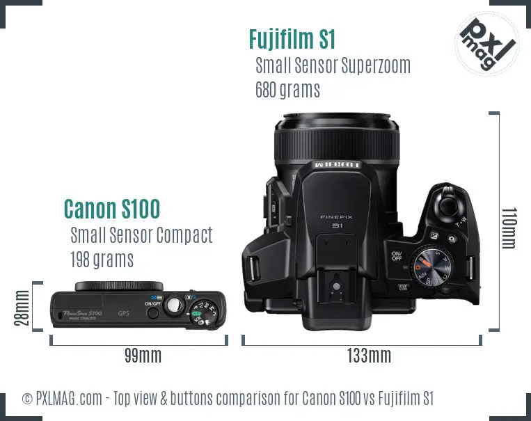 Canon S100 vs Fujifilm S1 top view buttons comparison