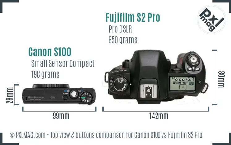 Canon S100 vs Fujifilm S2 Pro top view buttons comparison