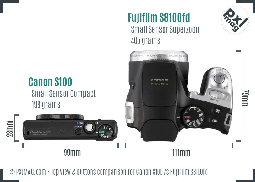 Canon S100 vs Fujifilm S8100fd top view buttons comparison Canon S100 vs Fujifilm S8100fd top view buttons comparison