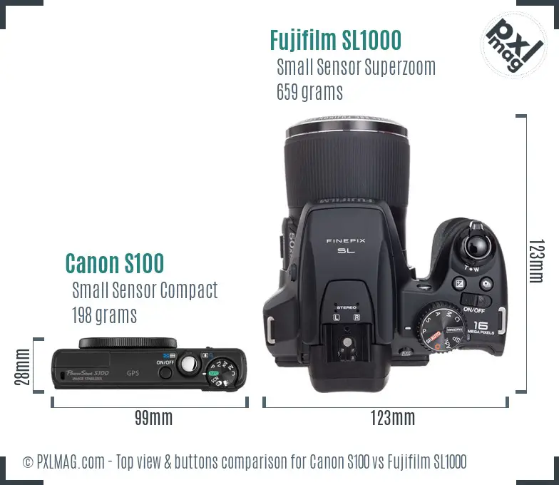 Canon S100 vs Fujifilm SL1000 top view buttons comparison Canon S100 vs Fujifilm SL1000 top view buttons comparison