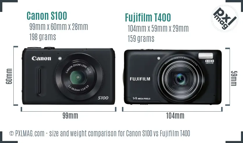 Canon S100 vs Fujifilm T400 size comparison