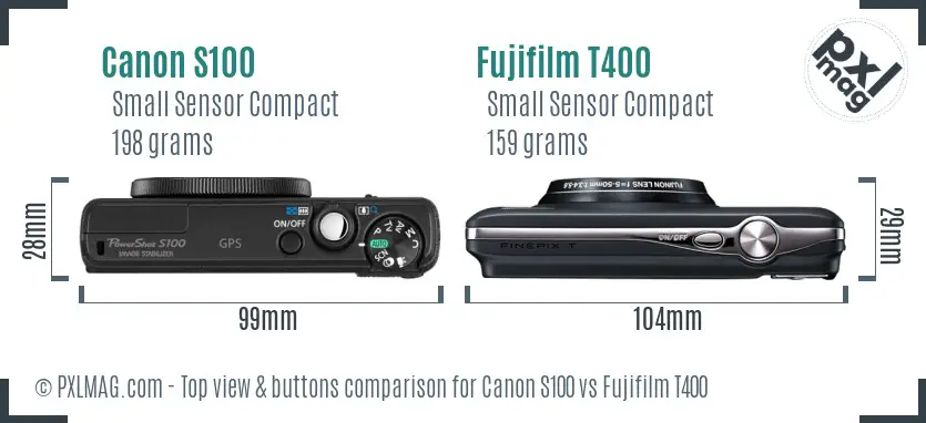Canon S100 vs Fujifilm T400 top view buttons comparison