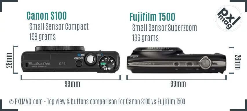 Canon S100 vs Fujifilm T500 top view buttons comparison Canon S100 vs Fujifilm T500 top view buttons comparison