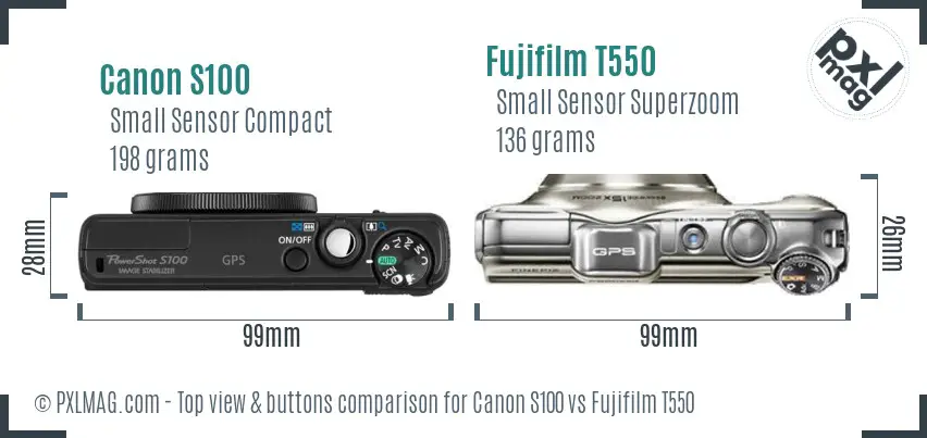Canon S100 vs Fujifilm T550 top view buttons comparison Canon S100 vs Fujifilm T550 top view buttons comparison