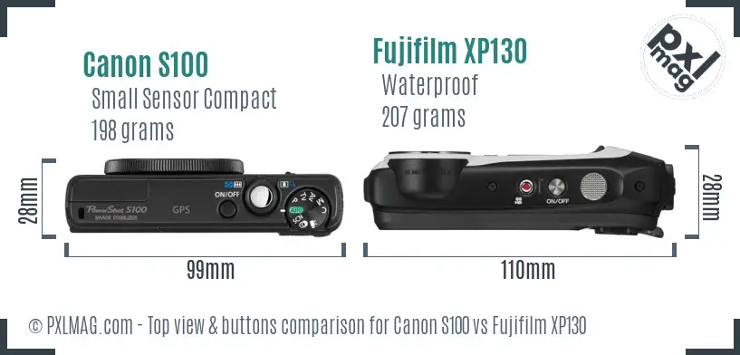 Canon S100 vs Fujifilm XP130 top view buttons comparison