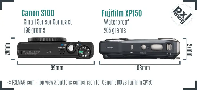 Canon S100 vs Fujifilm XP150 top view buttons comparison