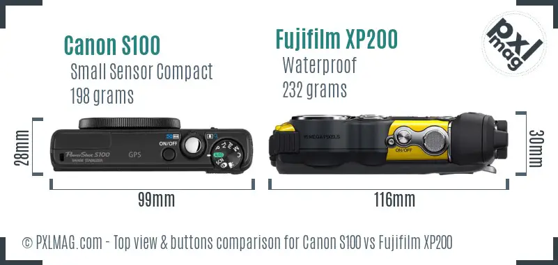 Canon S100 vs Fujifilm XP200 top view buttons comparison Canon S100 vs Fujifilm XP200 top view buttons comparison
