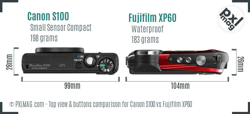 Canon S100 vs Fujifilm XP60 top view buttons comparison