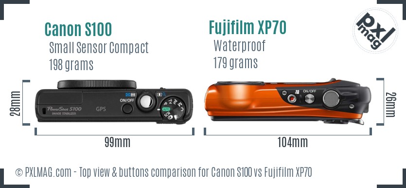 Canon S100 vs Fujifilm XP70 top view buttons comparison