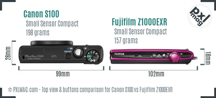 Canon S100 vs Fujifilm Z1000EXR top view buttons comparison