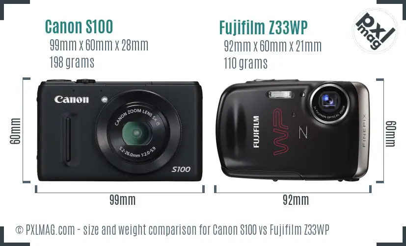 Canon S100 vs Fujifilm Z33WP size comparison