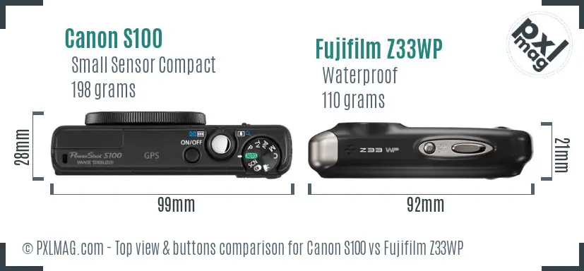 Canon S100 vs Fujifilm Z33WP top view buttons comparison