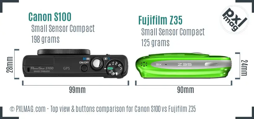 Canon S100 vs Fujifilm Z35 top view buttons comparison