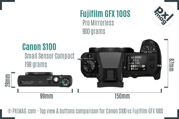 Canon S100 vs Fujifilm GFX 100S top view buttons comparison