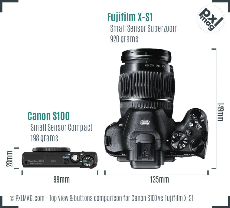 Canon S100 vs Fujifilm X-S1 top view buttons comparison Canon S100 vs Fujifilm X-S1 top view buttons comparison