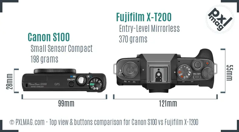 Canon S100 vs Fujifilm X-T200 top view buttons comparison Canon S100 vs Fujifilm X-T200 top view buttons comparison
