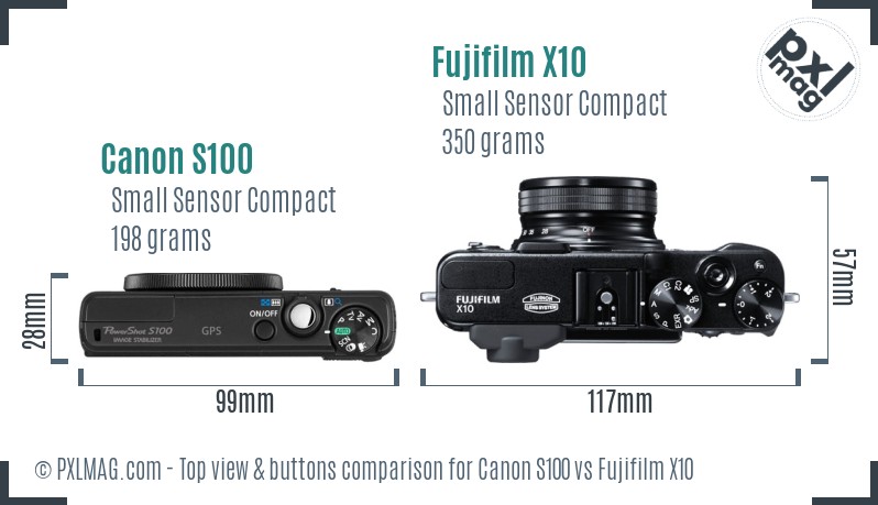 Canon S100 vs Fujifilm X10 top view buttons comparison