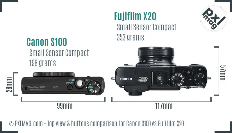 Canon S100 vs Fujifilm X20 top view buttons comparison