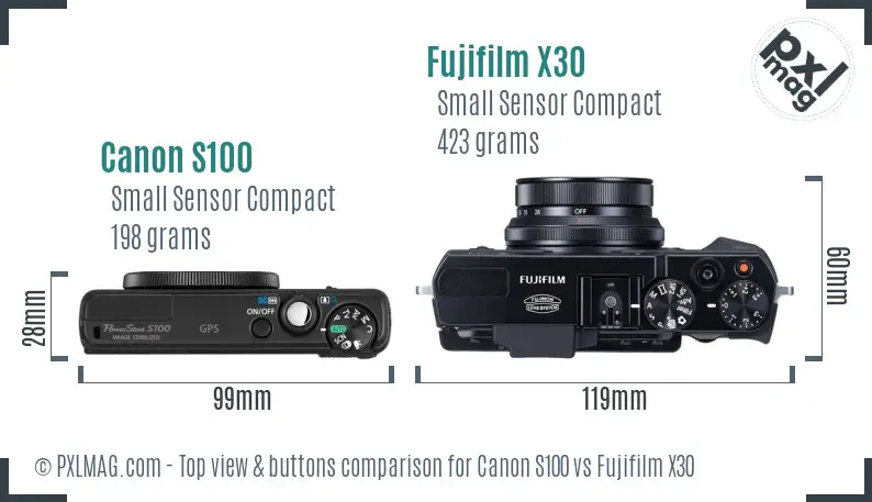 Canon S100 vs Fujifilm X30 top view buttons comparison