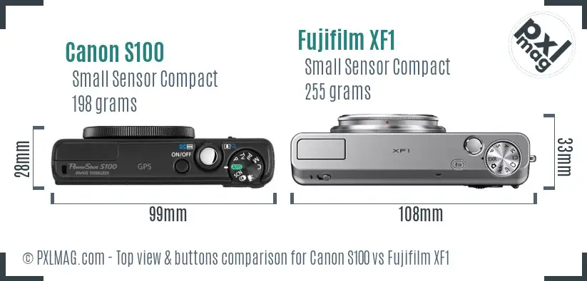 Canon S100 vs Fujifilm XF1 top view buttons comparison Canon S100 vs Fujifilm XF1 top view buttons comparison