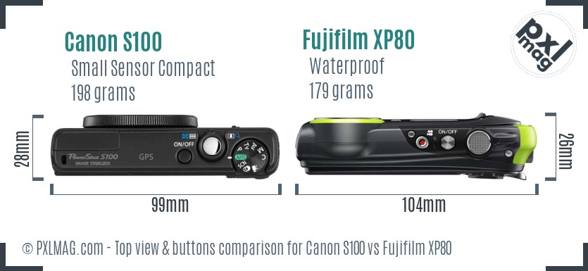 Canon S100 vs Fujifilm XP80 top view buttons comparison