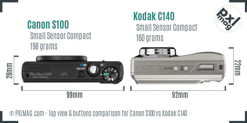 Canon S100 vs Kodak C140 top view buttons comparison