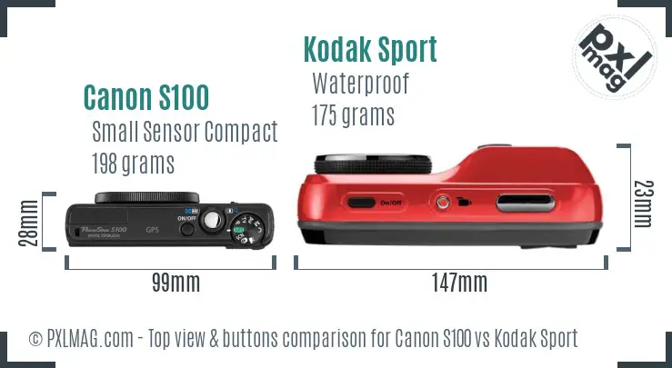 Canon S100 vs Kodak Sport top view buttons comparison Canon S100 vs Kodak Sport top view buttons comparison
