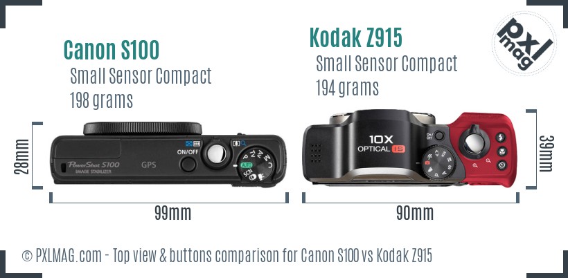 Canon S100 vs Kodak Z915 top view buttons comparison