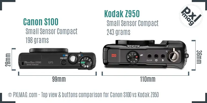 Canon S100 vs Kodak Z950 top view buttons comparison