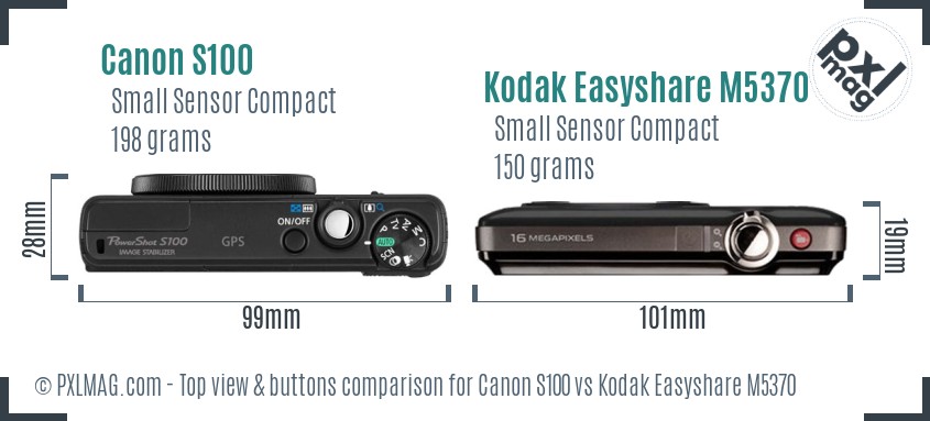 Canon S100 vs Kodak Easyshare M5370 top view buttons comparison