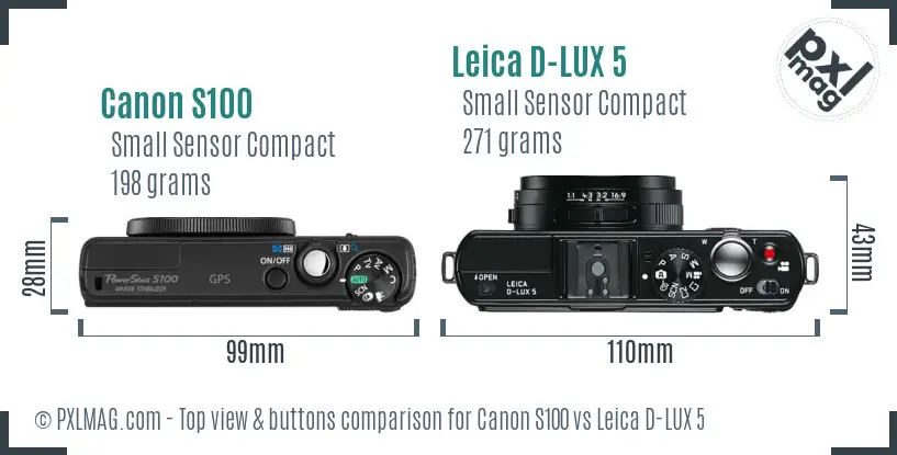 Canon S100 vs Leica D-LUX 5 top view buttons comparison