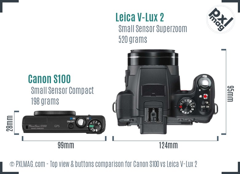 Canon S100 vs Leica V-Lux 2 top view buttons comparison