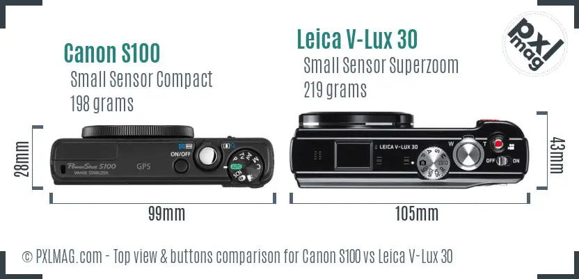 Canon S100 vs Leica V-Lux 30 top view buttons comparison