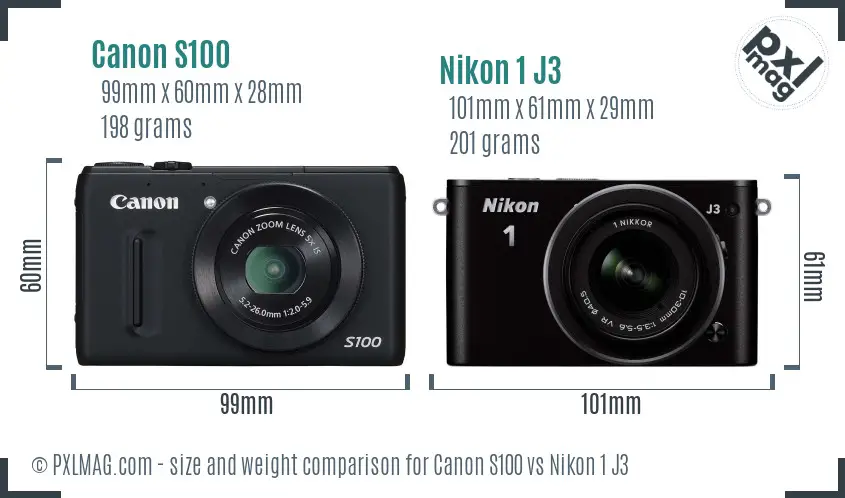 Canon S100 vs Nikon 1 J3 size comparison Canon S100 vs Nikon 1 J3 size comparison