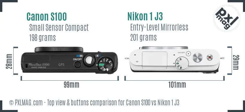 Canon S100 vs Nikon 1 J3 top view buttons comparison Canon S100 vs Nikon 1 J3 top view buttons comparison