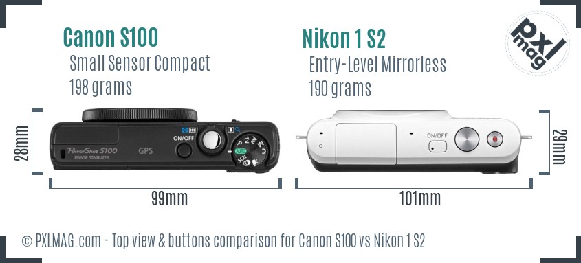 Canon S100 vs Nikon 1 S2 top view buttons comparison