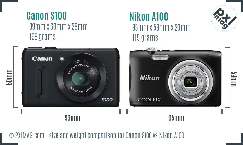 Canon S100 vs Nikon A100 size comparison