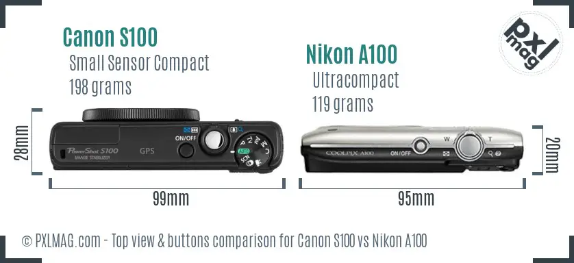 Canon S100 vs Nikon A100 top view buttons comparison