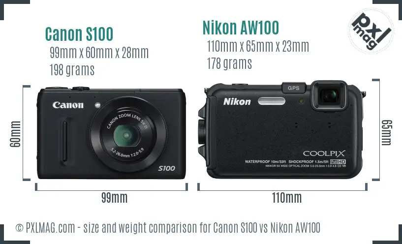 Canon S100 vs Nikon AW100 size comparison