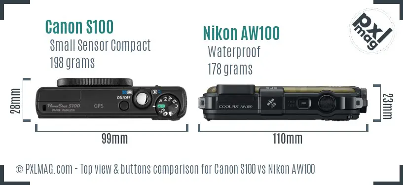 Canon S100 vs Nikon AW100 top view buttons comparison