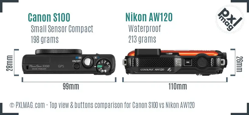 Canon S100 vs Nikon AW120 top view buttons comparison
