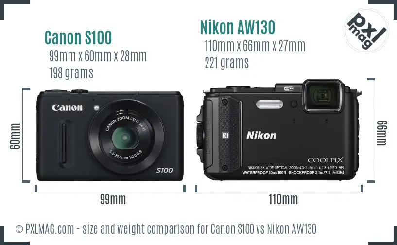 Canon S100 vs Nikon AW130 size comparison
