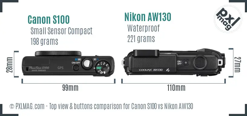Canon S100 vs Nikon AW130 top view buttons comparison
