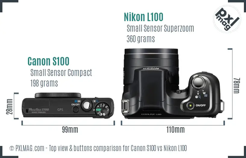 Canon S100 vs Nikon L100 top view buttons comparison