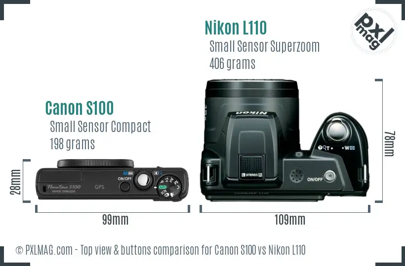 Canon S100 vs Nikon L110 top view buttons comparison