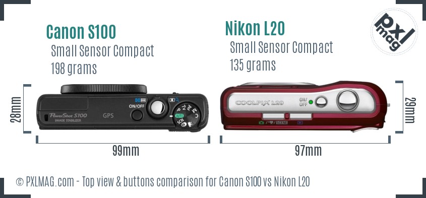 Canon S100 vs Nikon L20 top view buttons comparison