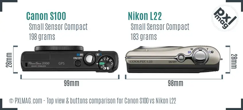 Canon S100 vs Nikon L22 top view buttons comparison