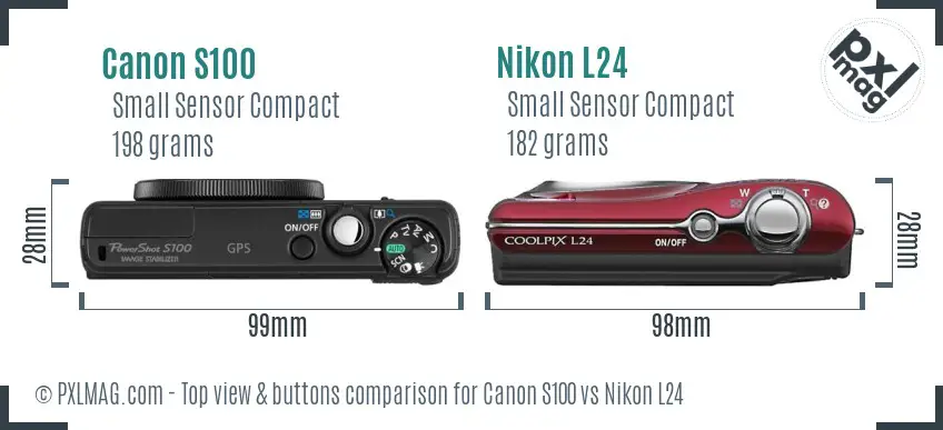 Canon S100 vs Nikon L24 top view buttons comparison