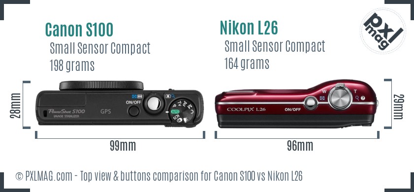 Canon S100 vs Nikon L26 top view buttons comparison