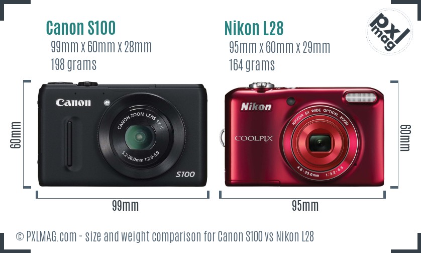 Canon S100 vs Nikon L28 size comparison